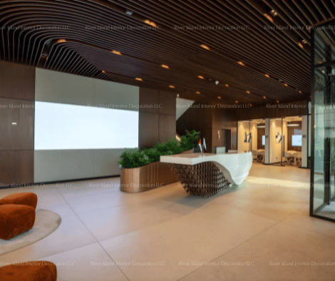 Reception lobby interior with wood paneling and lighting