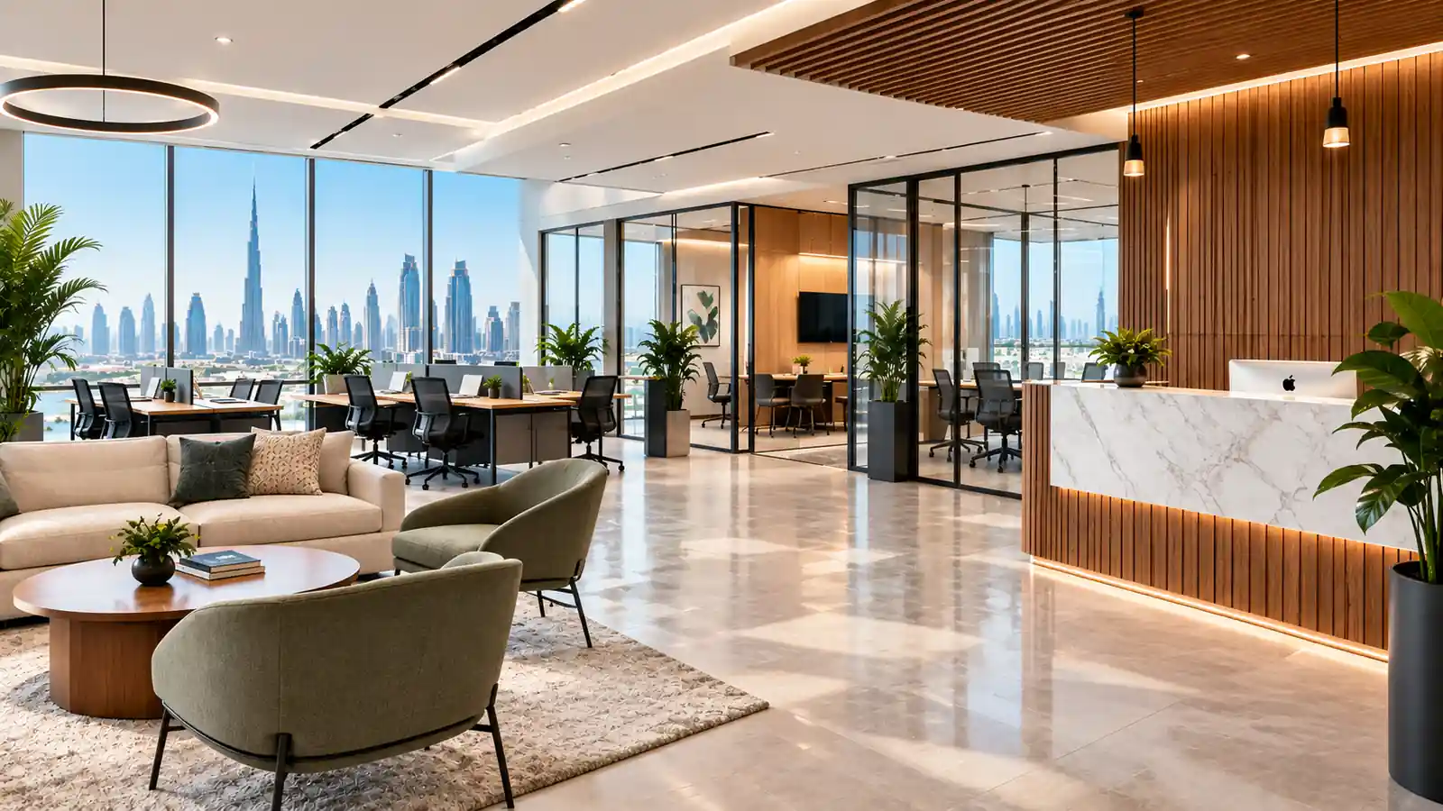 Luxury serviced office fit-out dubai featuring a modern reception