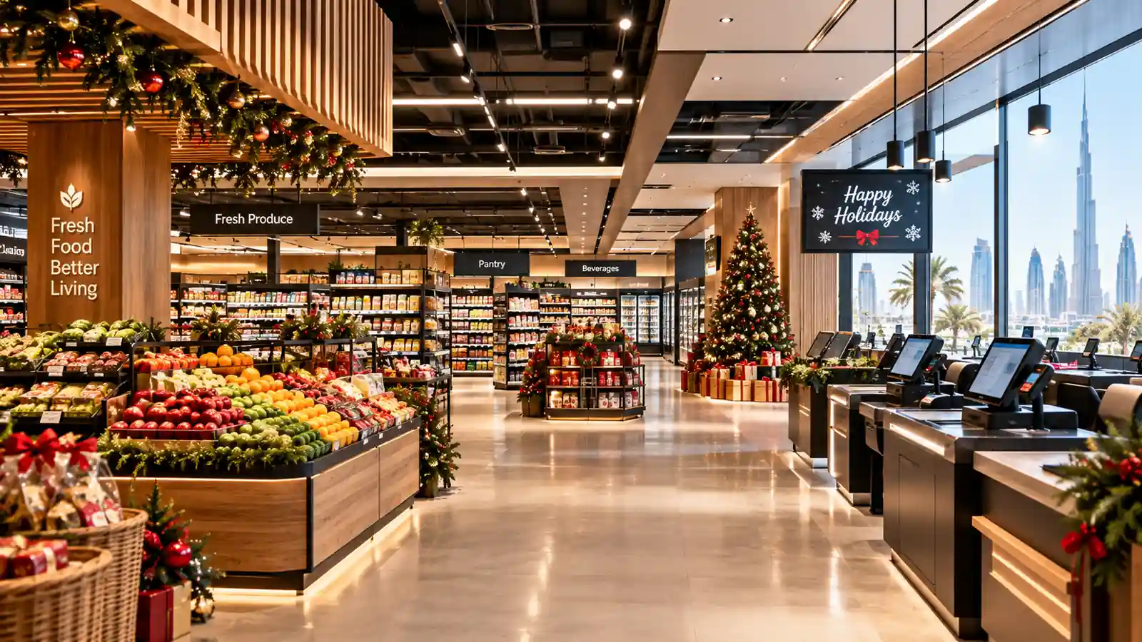 Premium supermarket fit-out Dubai with festive holiday displays, modern checkout counters and fresh produce sections.
